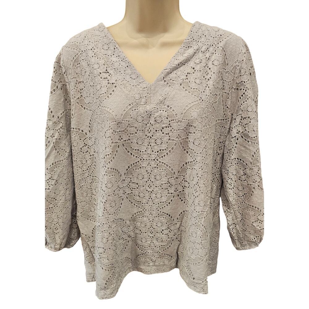 J. Jill PL PETITE L grey lace Overlay 3/4 sleeve career teacher office casual